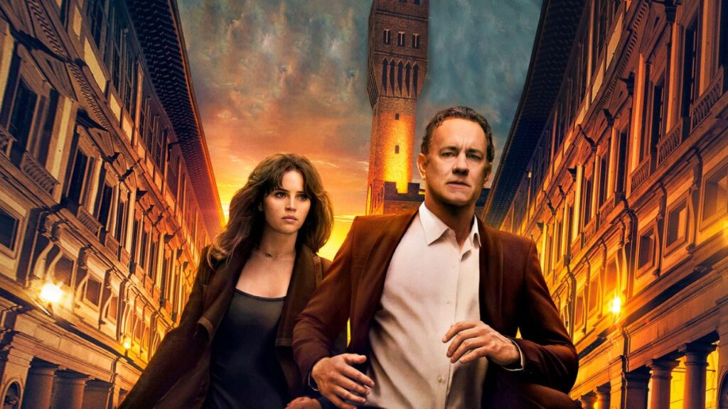 Tom Hanks as Robert Langdon in Inferno with a mysterious backdrop.