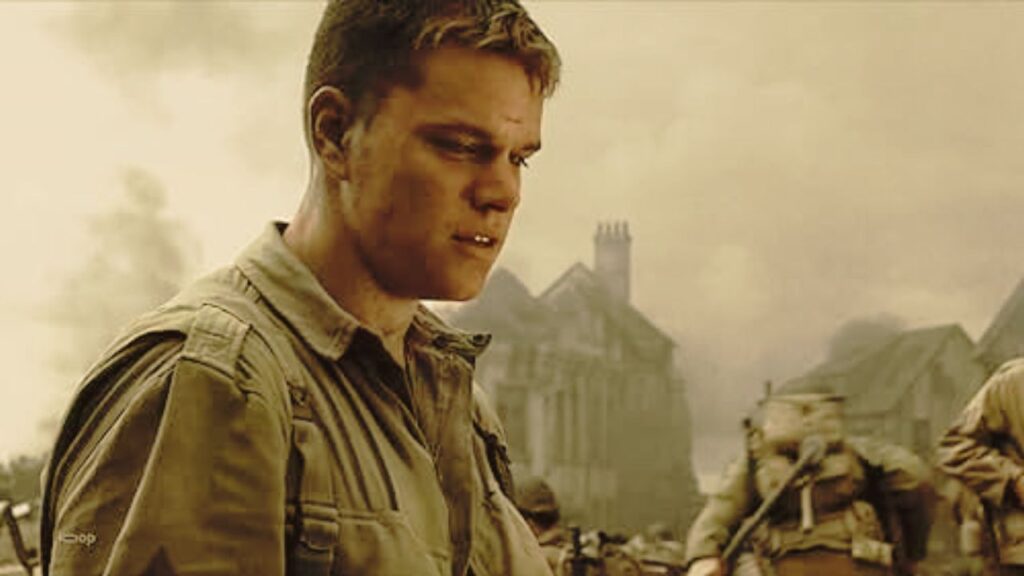 Tom Hanks as Captain John Miller in a war zone during Saving Private Ryan.